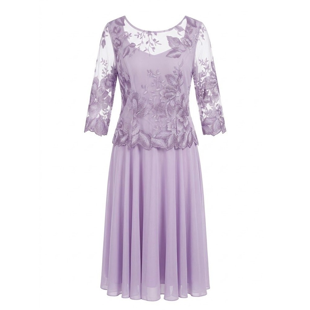 Alex Evenings Dress Womens 12 Lavender Floral Lace Chiffon Midi Mother of Bride